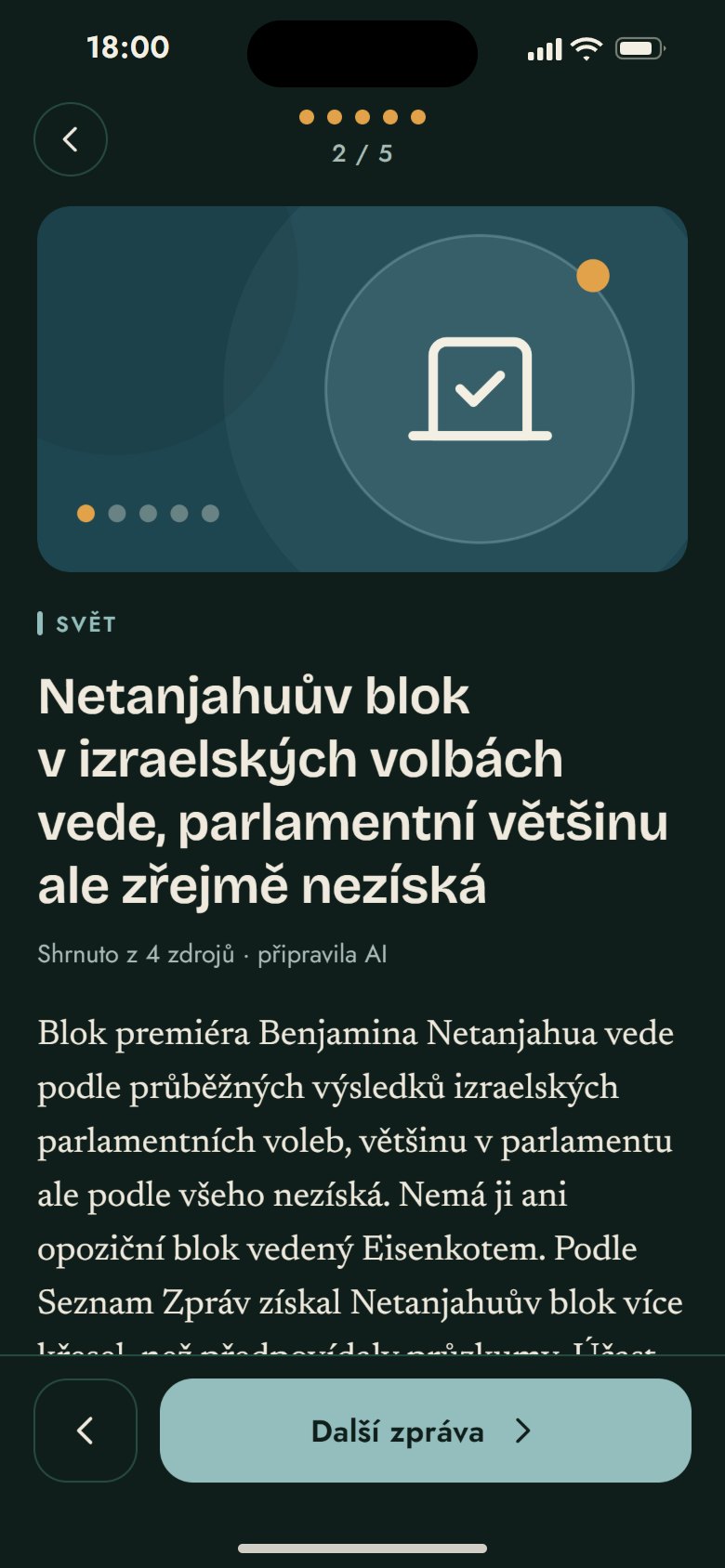 DailyFive v tmavém režimu: detail zprávy