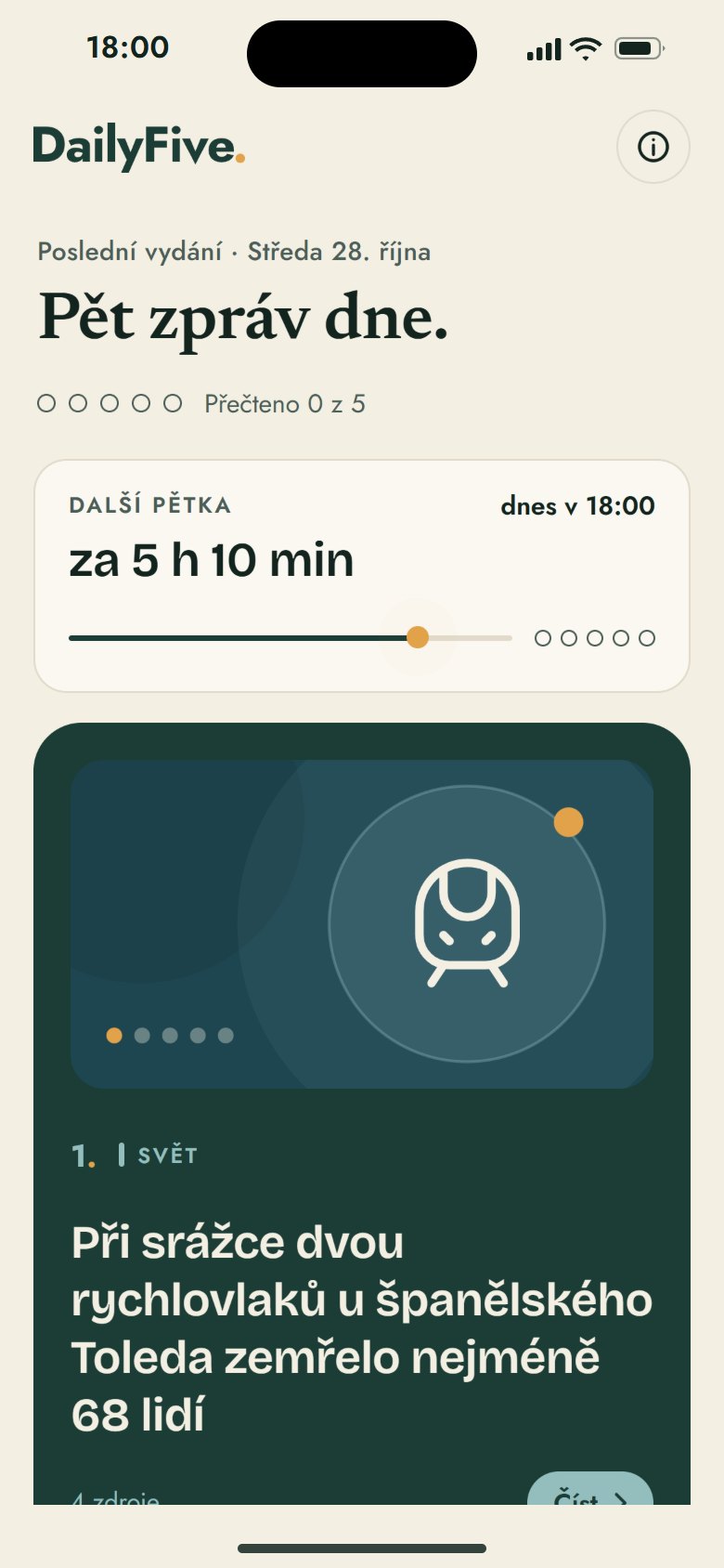 Aplikace DailyFive: dnešní pětka zpráv